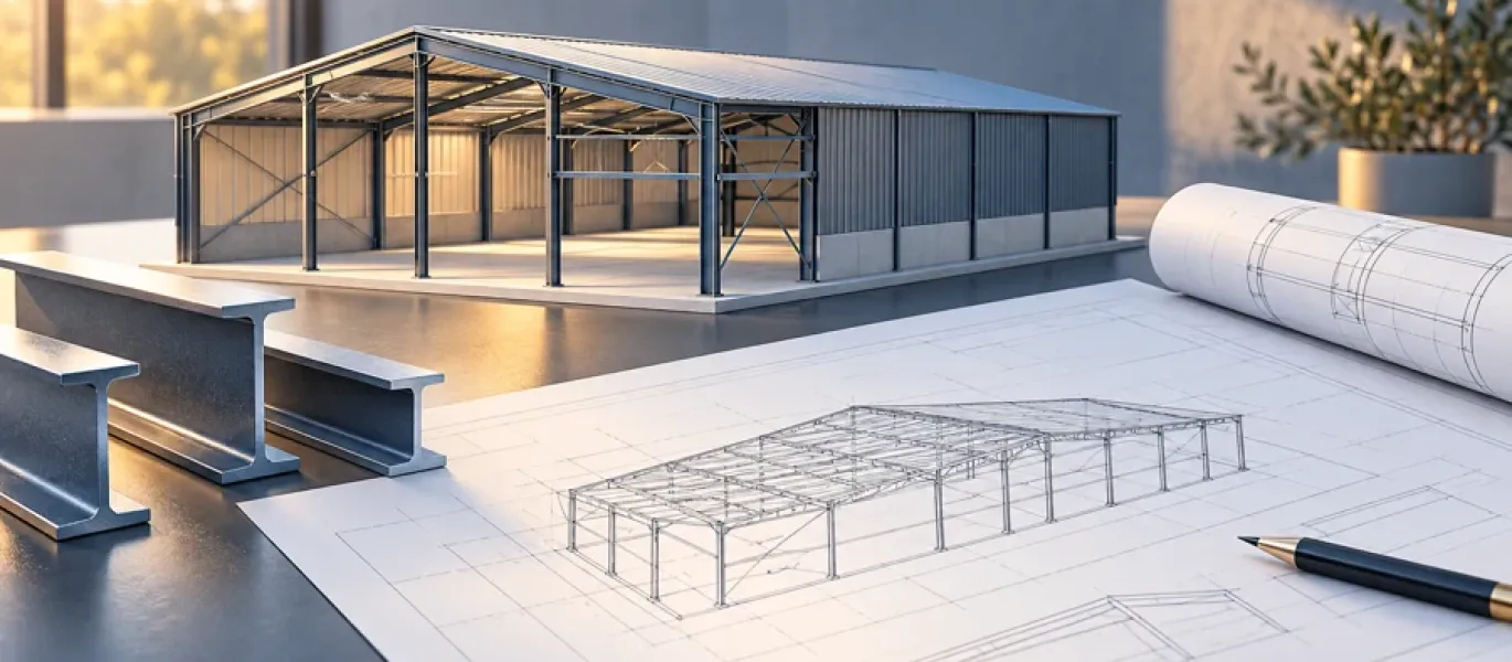 Illustration de conception : maquette de bâtiment métallique, plans et profils en acier
