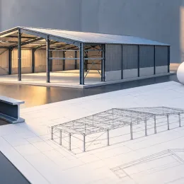 Illustration de conception : maquette de bâtiment métallique, plans et profils en acier