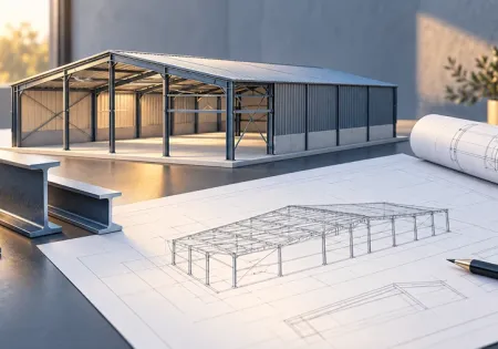 Illustration de conception : maquette de bâtiment métallique, plans et profils en acier